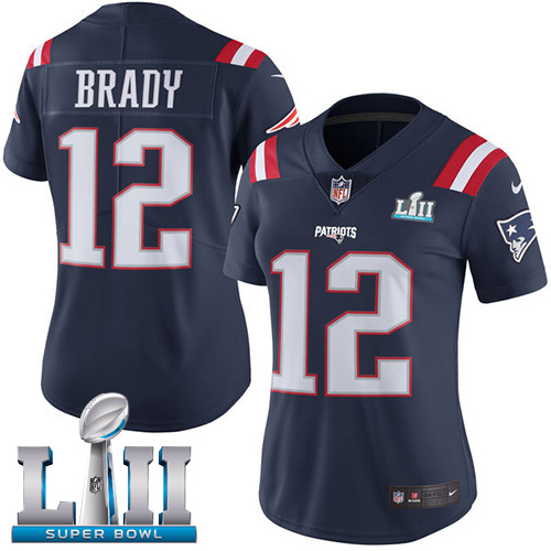 Nike Patriots #12 Tom Brady Navy Blue Super Bowl LII Women's Stitched NFL Limited Rush Jersey